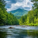 Flowing river through the mountains of Mills River, NC